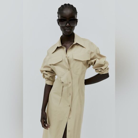 H&M Cotton Shirt Dress Beige New - Picture 2 of 7